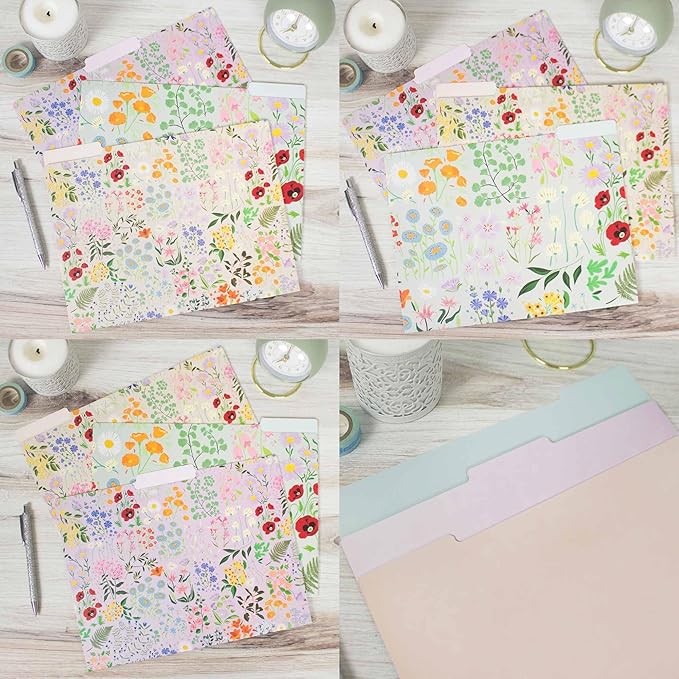 bloom daily planners Decorative File Folders - Set of Six Letter Size (8.5” x 11”) Organizers, 1/3 Cut Tabs - Assorted Floral Designs - Garden Party