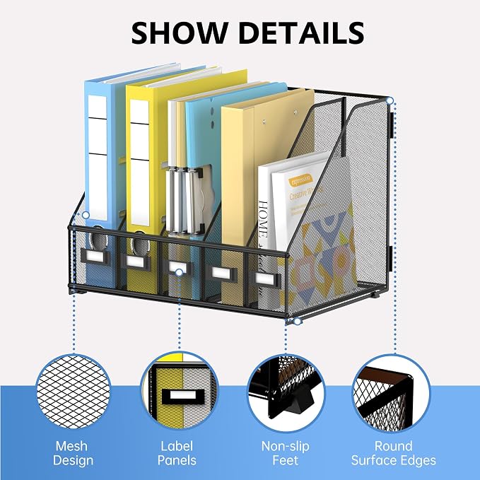 5 Vertical Compartments Magazine File Holder, Metal Binder Organizer, Black | Space-Saving Desktop Storage, Built-In Label Holders, Anti-Slip Feet, Sized for Binders, Folders, Magazines and Files