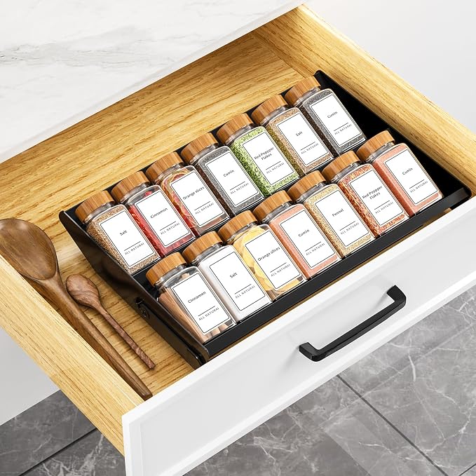 Spice Rack Organizer for Cabinet, 12.8 to 21.8in Expandable Spice Rack, Metal 2 in 1 Spice Drawer Organizer Spice Shelf for Kitchen Countertop Cabinet Drawer, Fits Jars ≤2.1in(Jars Not Included)