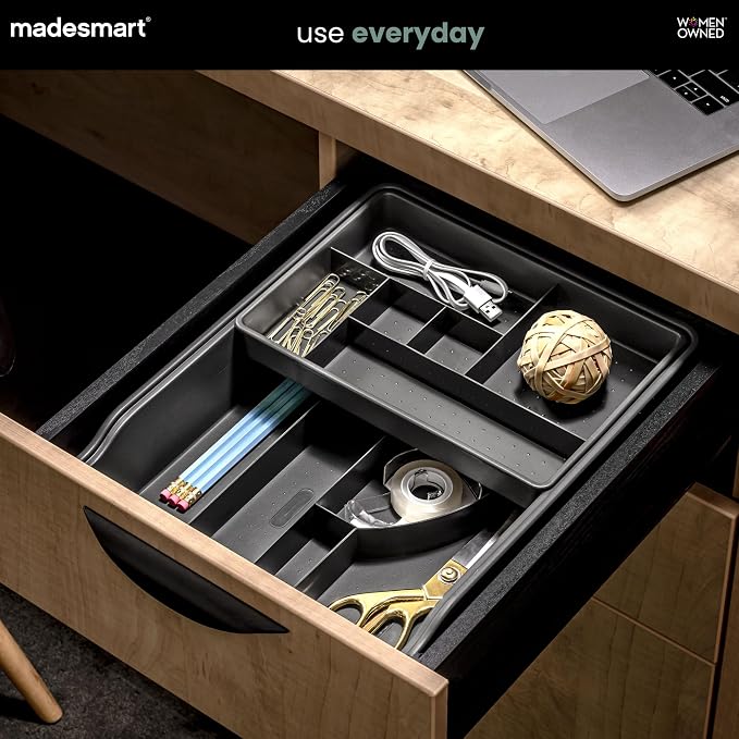 madesmart Original Junk Drawer Organizer® with Sliding Top Tray, 13 Compartments, Multi-Purpose Storage for Kitchen, Office & Bathroom Drawers, Carbon
