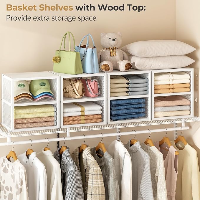 DAOUTIME 4-Tier Stackable Closet Organizers and Storage Shelves, Closet Storage Basket with Wood Tops Extra Storage, Clothes Sweaters Organizer Bins/Cube Storage Drawer for Home Wardrobe, White