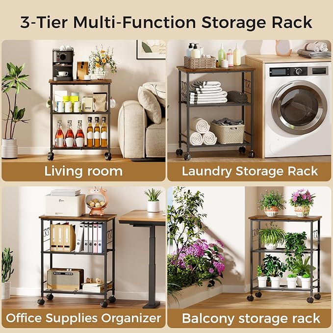 BEWISHOME 3-Tier Rolling Kitchen Microwave Cart, Microwave Table Stand | with 4 Lockable Wheels, Small Coffee Cart Shelf Rack Organizer for Kitchen, Living Room, Bathroom