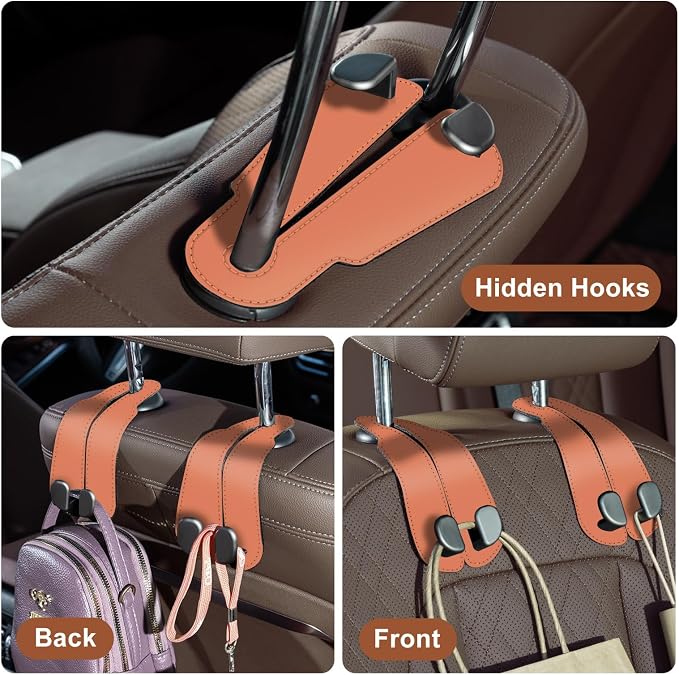 CoBak Purse Hook for Car - Universal Premium Stitched Leather and Aluminum-Magnesium Alloy Double Car Seat Back Storage Hook for Purses, Handbags, Bags (2 Pack),Coral Orange