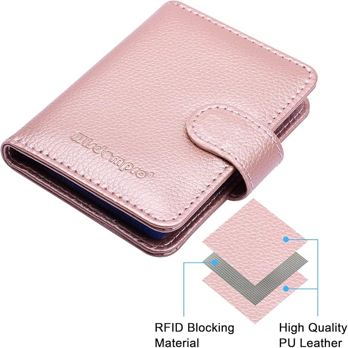 Wisdompro Slim PU Leather Credit Card Holder, Vertical Rose Gold | RFID Blocking Wallet Debit Card Protector, Organizer Case, Card Case, 20 Card & 7 Memory Card Slots, with Magnetic Closure