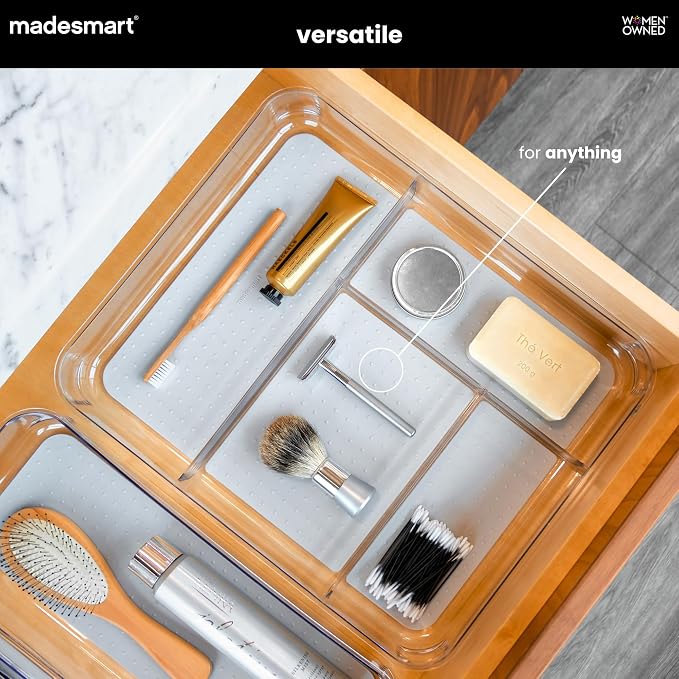 madesmart Premium 4 Compartment Drawer Organizer, Multi Purpose Storage for Utensils, Office Tools, Cords, & Small Household Items, Tech Accessories, Arts & Crafts Supplies, Non Slip Lining, Clear | rounded corners, nonslip feet, visible storage