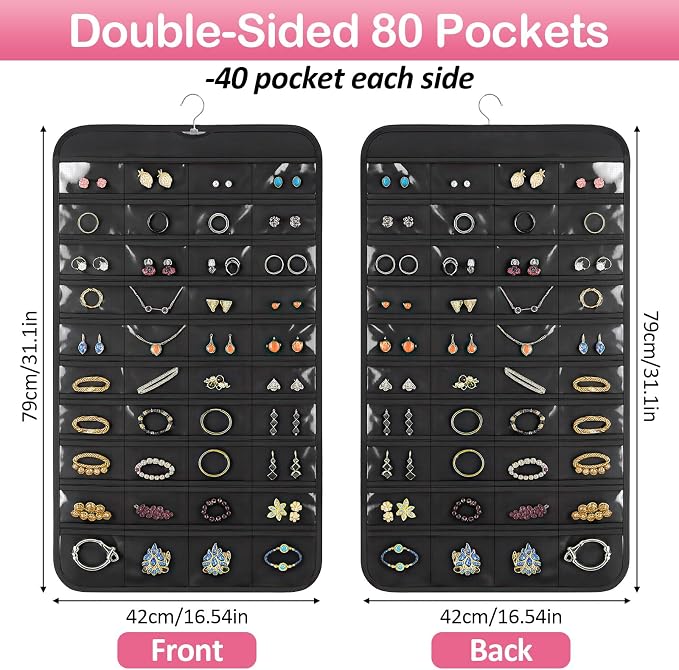 1 Pack Hanging Jewelry Organizer, 80 Clear Pockets earring organizer and storage, Accessories holder organizer for Closet, Jewelries, Necklace, Travel