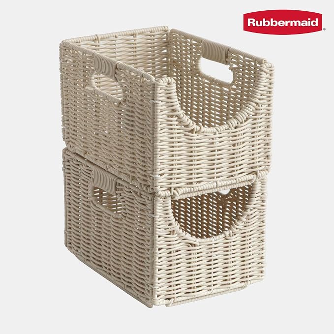 Rubbermaid Woven Storage Baskets - Set of 2 Stackable and Collapsible Bins with Handles, Small Resin Rattan Organizers for Shelves, Closet, Bathroom, Bedroom, 11.5” x 8”, Ivory