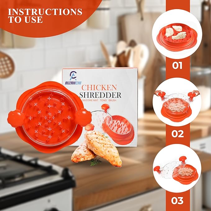 Large Chicken Shredder Tool Twist Equipped with Middle Tray, Including 1 x Anti-slip Silicone Mat, 1x Kitchen Tongs and 1x Cleaning Brush, Suitable for Pork Beef‬ Chicken‬ Breast (Orange)