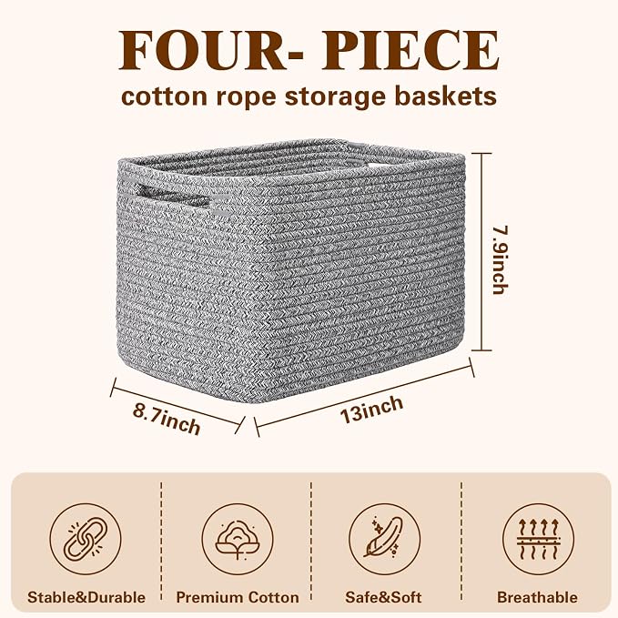 Storage Baskets for Organizing, 4 Pack Baskets for Shelves, Decorative Storage Bins for Shelves, Cotton Rope Storage Basket with Handles, Woven Basket for Storage, 13''Lx8.7''Wx7.9''H, Gray