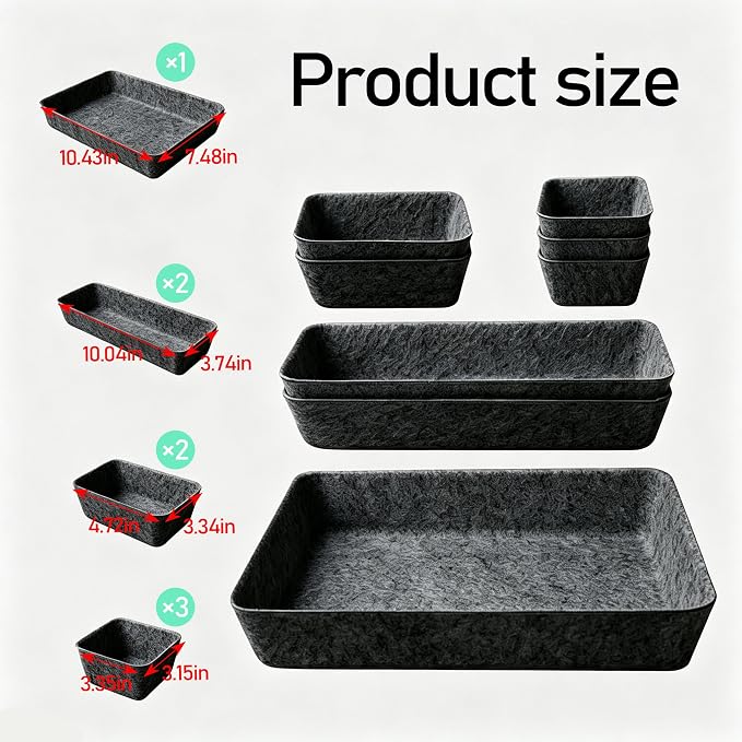 8Pack Drawer Organizer Compatible with Alex, Felt Desk and Makeup Drawer Organizers, Soft Storage Bins for Office, Vanity, Bedroom, and Dresser Drawers