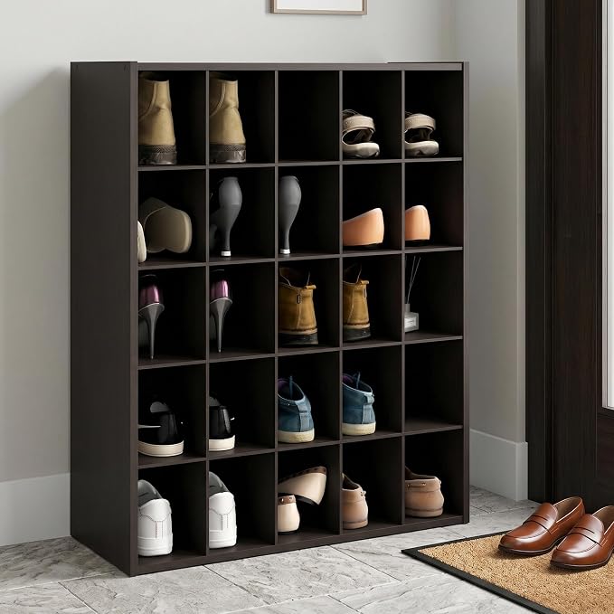 25-Cube Shoe Organizer, Stackable Shoe Rack, Shoe Organizer, 11.7 x 24.2 x 31.5, for Office, Closet Entryway, Garage, Dark Oak