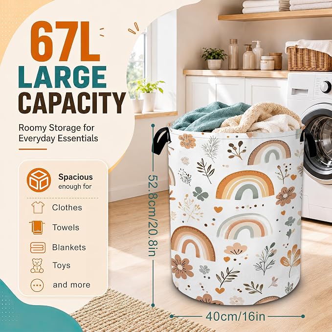 Rainbow Flowers Laundry Basket,Boho Large Collapsible Portable Round Laundry Hamper with Handles,Oxford Storage Bin for Clothes,Blankets,Bedroom,Bathroom