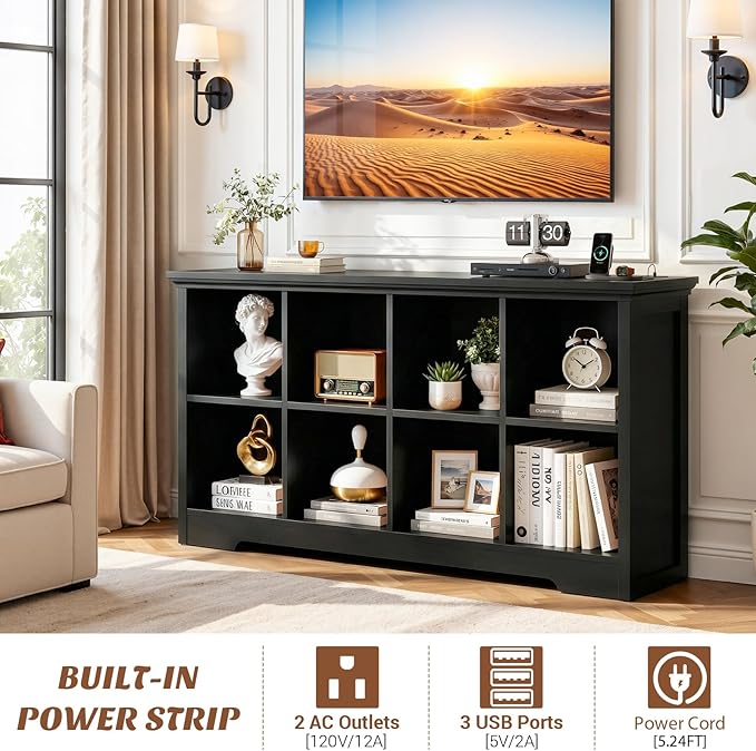 Aheaplus Wooden 8-Cube Storage Organizer with Charging Ports, Modern Cube Bookcase with Base, 3-Tier Floor Standing Open Cubbies Bookshelf, Cubicle Display Shelf for Home and Office, Black