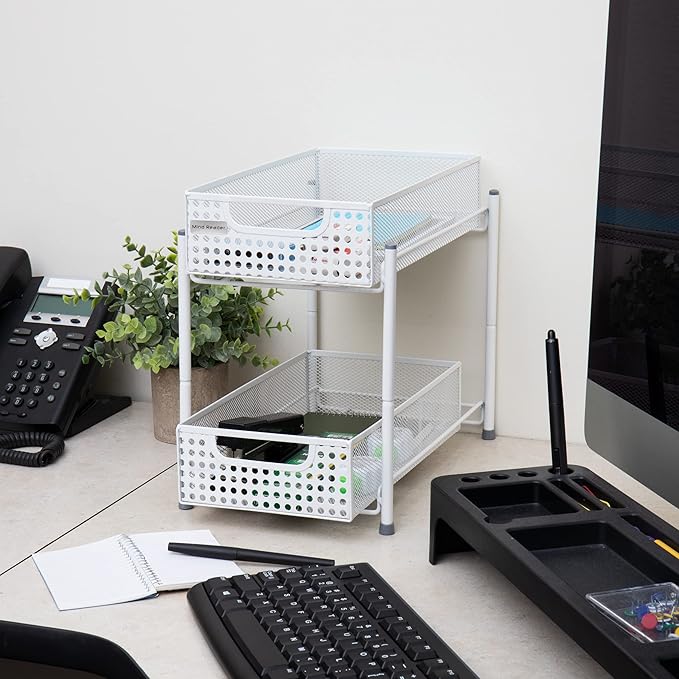 Mind Reader Accessory Organizer, Supply Storage, Desktop, Crafts, Office, Metal Mesh, 8"L x 12.5"W x 11.25"H, White