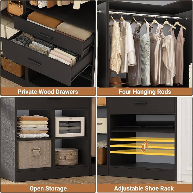 Unikito 86" Corner Closet System, Modular Closets Organizer with 4 Hanging Rods and Storage Shelves, Freestanding Adjustable Wood Clothes Garment Rack with Drawers, Sturdy Walk in Closet Tower, Black