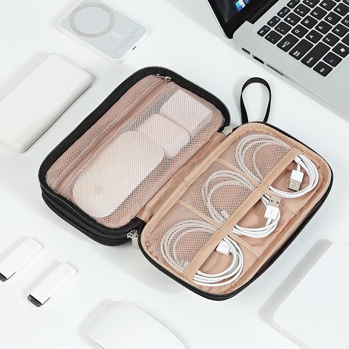 NISHEL Travel Cord Organizer Case, Double Layers Tech Electronic Bag, Essentials for Charger, Cable, Phone, Flash drive, Medium, Black