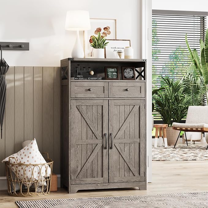 Maupvit Shoe Cabinet with Doors, 6-Tier Farmhouse Shoe Storage Cabinet with 2 Drawers & Adjustable Shelves, Shoe Cabinet Storage for Entryway, Wood Shoe Rack Organizer for Living Room Foyer Hallway