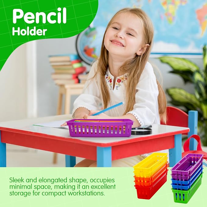 4E's Novelty 12 Pack Pencil Holder for Kids Desk, Colorful Plastic Pen Baskets Tray for Organizing Classroom Supplies, Plastic Caddy for Desk and Elementary Teacher Supplies for Classroom