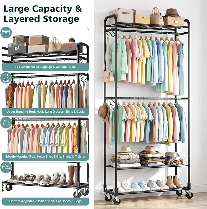 Luxspire Clothes Rack 3-Tier Portable Freestanding Closet with Shelves | Iron mesh storage rack with double hanging rods, multi shelves, suitable for bedroom and cloakroom storage, black