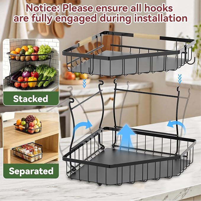 2 Tier Extra Large Fruit Basket for Kitchen Counter - Detachable Metal Fruit Bowl with 2 Banana Hangers for Corner, Large Capacity Fruit Stand with Wooden Handle - Black