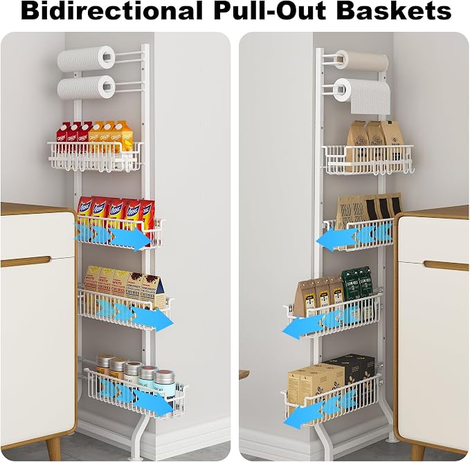 BUKFEN 6-Tier Slim Corner Shelf, Spice Rack Next to Fridge Slim, Narrow Storage Cabinet Organizer for Kitchen,Bathroom，White