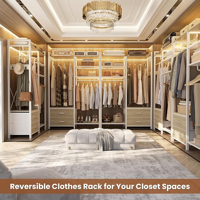 78.7'' Clothes Rack for Hanging Clothes - Reversible Clothing Rack with 4 Drawers, Heavy Duty Garment Racks with Shelves, 6 Tiers Freestanding Portable Closet Wardrobe System, Set of 2 White Oak