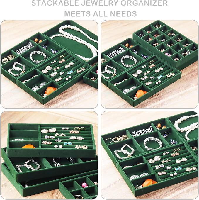 Jewelry Trays for Drawers, Set of 8 Stackable Velvet Jewelry Tray Inserts for Rings, Earrings, Necklaces, Bracelets – Fits Most Dresser/Closet Drawers, Non‑Slip Lined, Green