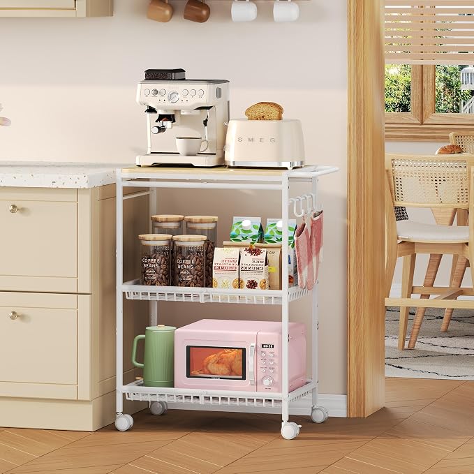 Microwave Kitchen Cart, White Kitchen Shelf with Push Handle, 3 Tier Rolling Microwave Table Stand with 2 Lockable Wheels for Bakers Rack, Kitchen Island, Small Coffee Station