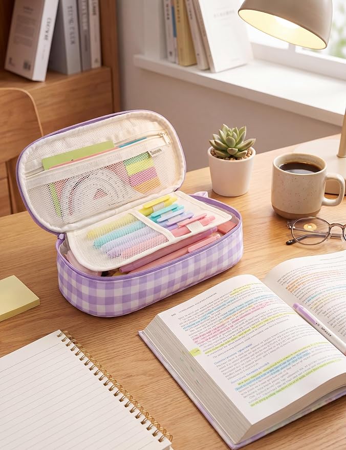 SUNEE Cute Pencil Case, Large Colored Pencil Pouch, Aesthetic Pen Bag with Zipper, Kawaii Stationery Storage and Organizer, School Supplies for Teen and Adult, Boys & Girls, Purple Checkered