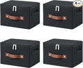 4 Pack Storage Bins with Zipper Lid Cotton Linen Fabric Lidded Storage Baskets Boxes Foldable Washable Closet Shelf Clothes Organizer Container with PU Leather Handles (Black, Small)