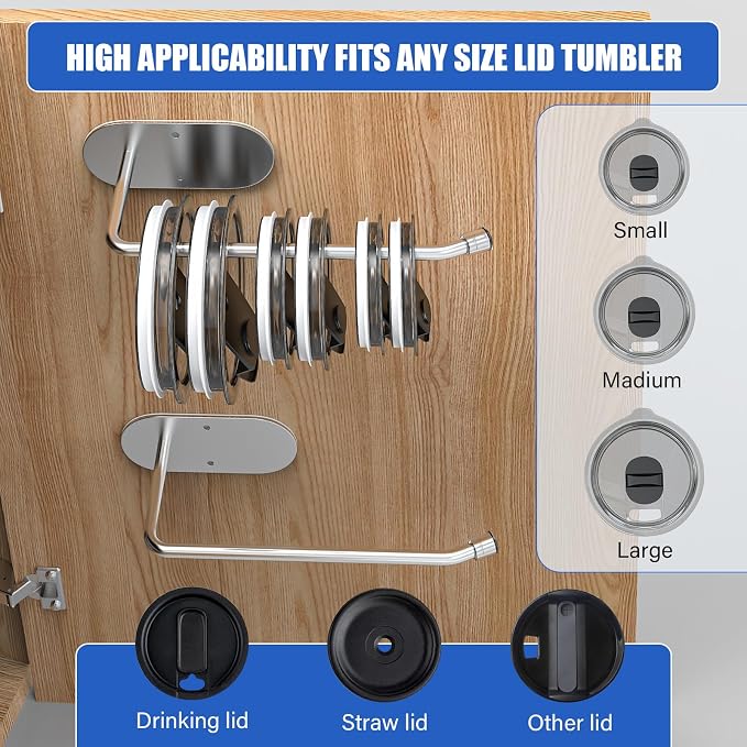 Tumbler Lid Organizer 2 Pack,Space Saving Cup Lid Hook for Simple Modern Cup Lids,Lid Storage Rack Used in Kitchen Storage Cabinet Inside Or Under (Silver)