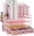 Marbrasse Desk Organizers, 4-Tier Mesh Desk File Organizer with 5 Vertical File Holders and 2 Pen Holders, Multifunction Desktop Organizer,Desk Organizers and Accessories for Home Office (Pink)