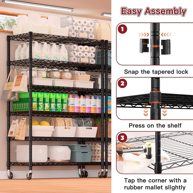 PrimeZone 6 Tier 36'' W X 18'' D X 78'' H Wire Shelving with Wheels 1500lbs Storage Shelves NSF Listed Heavy Duty Metal Shelf Adjustable Rolling Rack Easy Assembly for Home Kitchen Garage Pantry