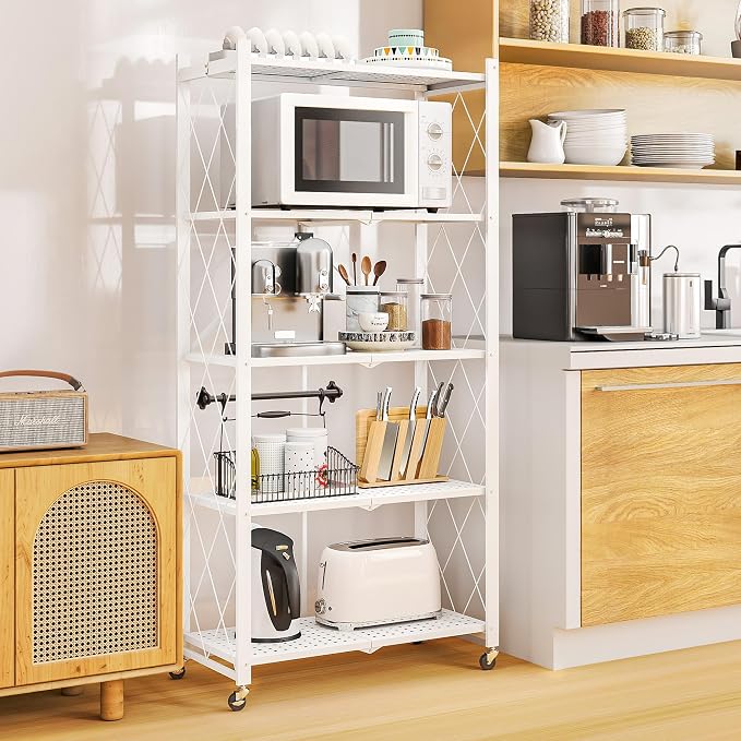5-Tier Folding Metal Storage Rack - 63" Heavy-Duty Steel Frame with Wheels, No Assembly Utility Organizer, Rolling Shelving Unit for Kitchen, Garage, Pantry, Bedroom (White, 5 Tier)