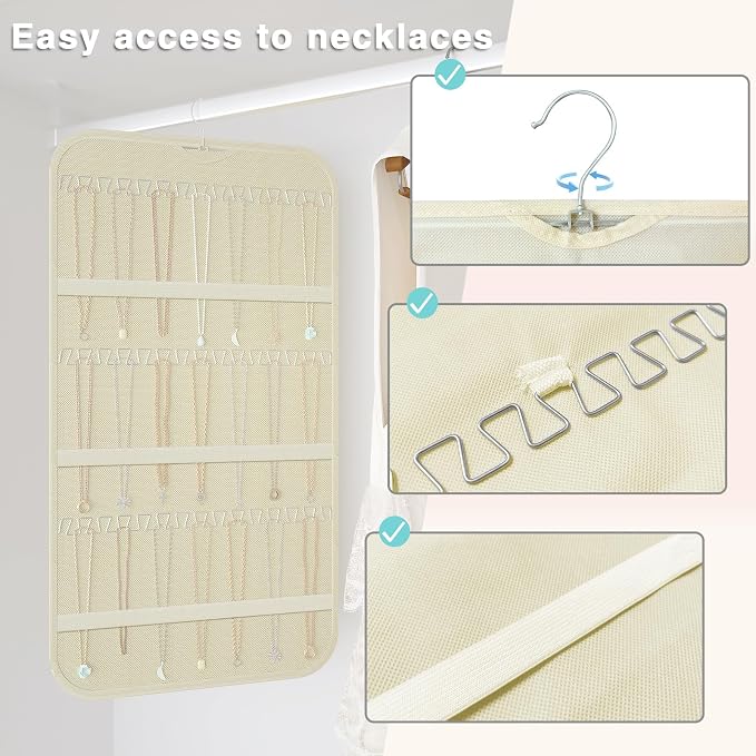 Double-Sided Hanging Jewelry Organizer for Necklaces Earrings, 2-Pack Beige | Foldable 36 hooks & 40 clear pockets; swivel hook fits walls, doors & rods for earrings, bracelets, rings & small jewelry