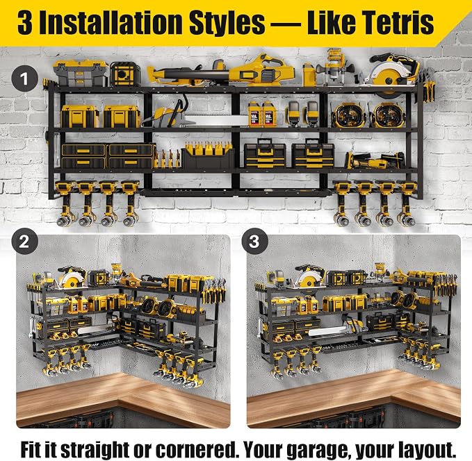 XLarge 64''W Power Tool Organizer Wall Mount | Modular&Corner-Fit 820lbs Garage Storage Rack with 8 Cordless Drill Holder | 4-Tier Heavy Duty Utility Shelf for Battery Workshop Organization