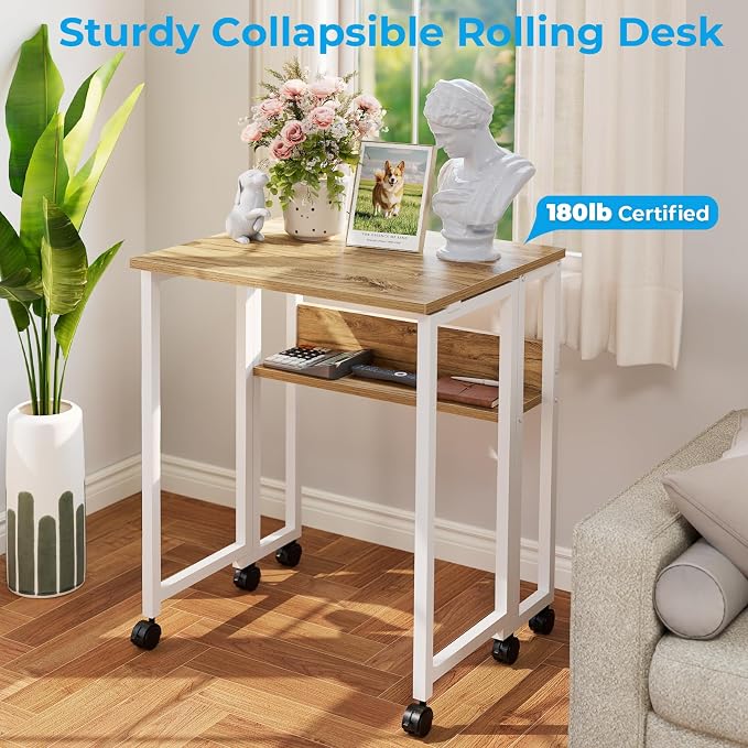 GreenForest Folding Desk with Wheels, 24.8" Rolling Table for Small Spaces | Storage Shelf, Lockable Casters, Compact Portable Workstation, Space-Saving Foldable Sofa Table, Home Office, Mobile, Oak