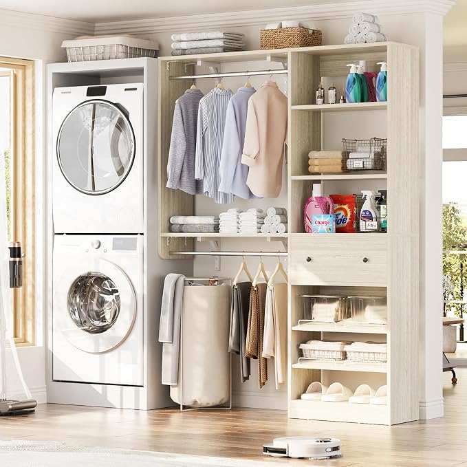 Closet System with Drawer - Reversible 5FT Wood Closet Organizer System with 2 Hanging Rods and Adjustable Shelf, Walk In Closet Organizers with Shoe Rack, Built-In Garment Rack, White Oak