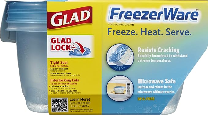 Glad GladWare FreezerWare Food Storage Containers with Lids, Large Rectangle No BPA Plastic for Freezing Soups Meals and Batch Cooking, Crack Resistant, Microwave Dishwasher Safe, 64 Oz, 2 Ct - 6 Pk