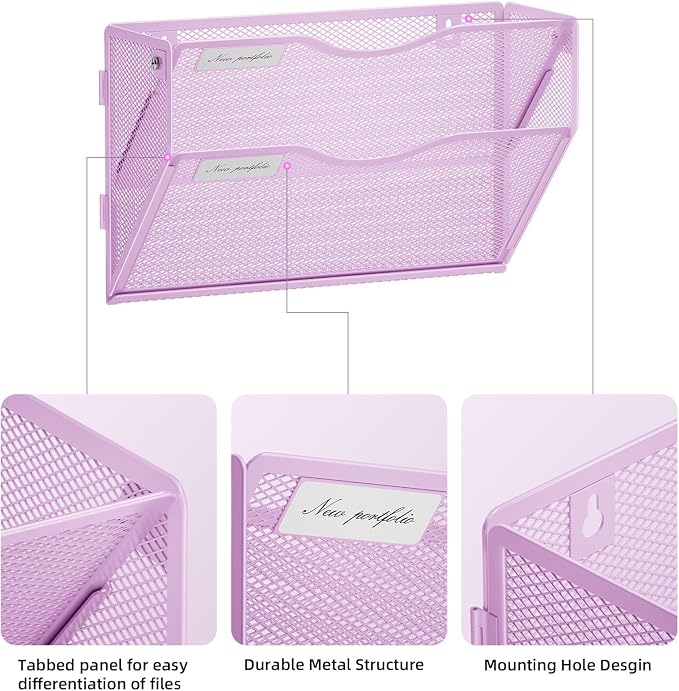 Marbrasse Wall File Holder 2-Tier Hanging Wall File Organizer, Mesh Mail Holder for Papers, Wall Mount File Clipboard & Magazine Organizer Great for Office Home (Purple)