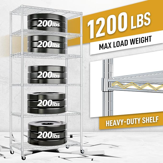 Karl home Silver 6-Tier Wire Storage Shelving with Wheels | Adjustable Storage Unit , Size 78.7"H X 35.4" W X 17.7" D, Suitable for Garage, Kitchen and Basement