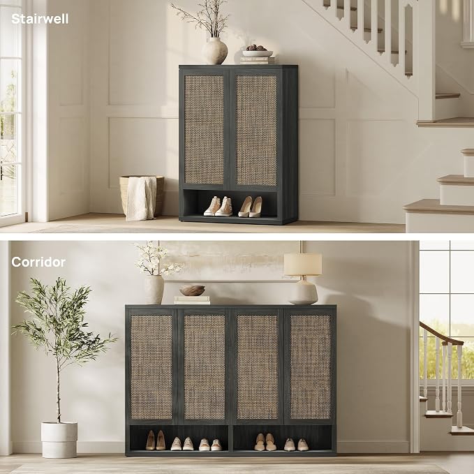 SICOTAS 31.2" Wide Rattan Shoe Storage Cabinet for Entryway with 2 Doors | Rattan Shoe Cabinets with Doors, Tall Shoe Storage Organizer and Display Cabinet for Entryways, Hallways, and Living Rooms