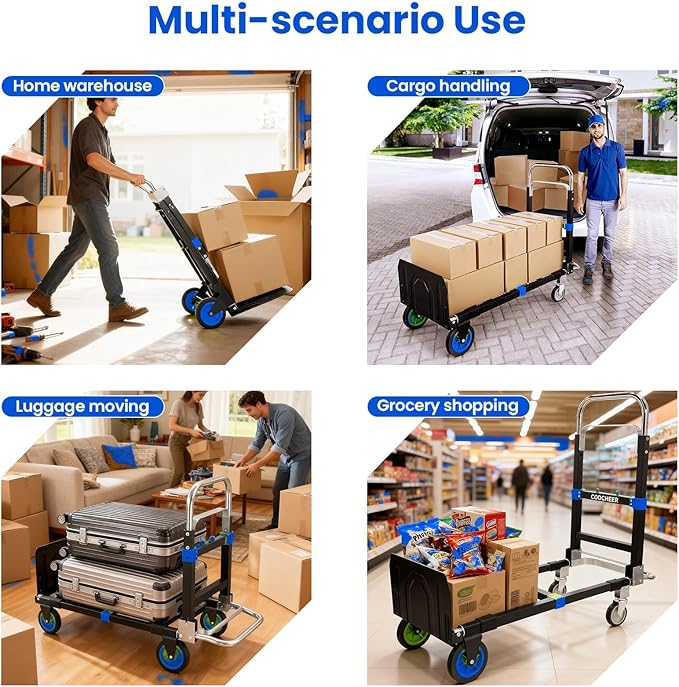 3-in-1 Folding Hand Trucks, 600Lbs Convertible Hand Truck Dolly, Heavy Duty Convertible Dolly with Retractable Handle and 4 Rubber Wheels, Collapsible Cart for Moving Office/Home/Warehous(Blue)