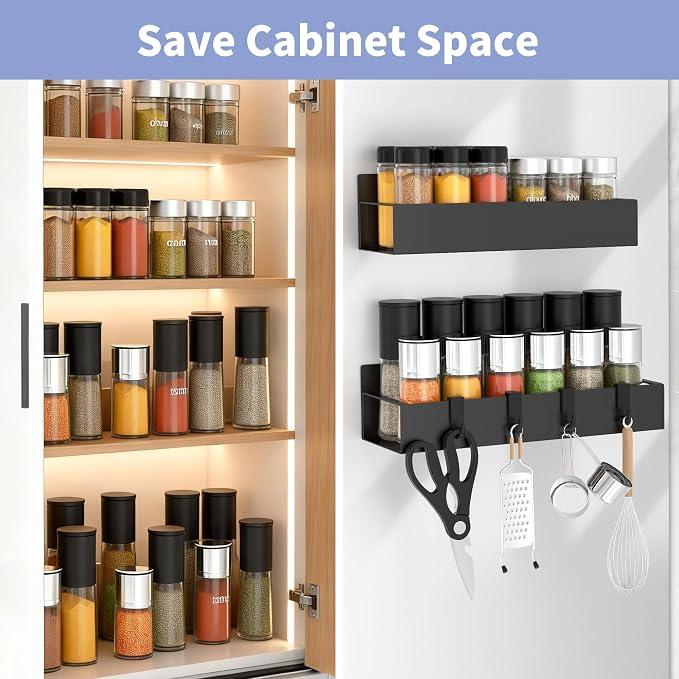 Magnetic Spice Rack for Refrigerator with Hooks, Magnetic Fridge Storage Organizer for Water Bottle, Magnetic Stanley Cup Holder for Kitchen, Black, 2 Pack