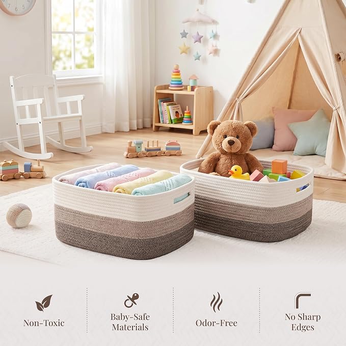 4-Pack Large Woven Rope Storage Baskets, 2 Sizes Organizer Bins | Fabric Cube Boxes and Rectangular Shallow Bins for Closet, Shelf, Bookshelf, Nursery, Changing Table, Bathroom, Toys & Home