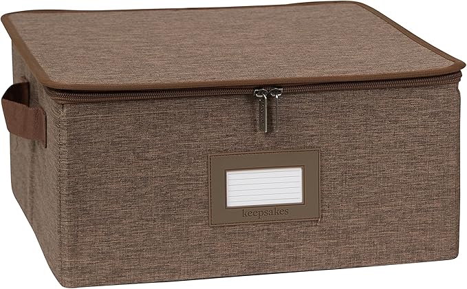 Covermates Dish Storage Box – China & Dinner Plate Storage Container with Dual Zippers, Reinforced Handles, ID Window & Stackable Structured Walls for Dishware Organization, Brown Heather