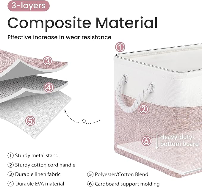 Large Storage Baskets- 15x11x10 inch Storage Bins for Shelves and Closet Organizing, Foldable Fabric Bin for Home Organization Clothes and Laundry (3-Pack, White&Pink)