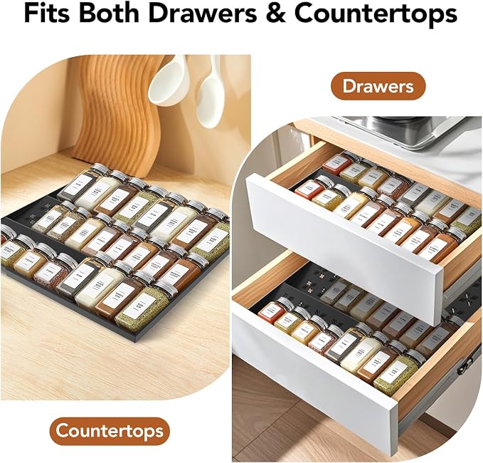 Spice Drawer Organizer 3-Tier Expandable (11"-22" Wide), Spice Rack for Cabinet with Funnel & Spice Labels, Fits Large Jars, Seasoning Storage Insert Design for Cabinet & Drawer (Black)