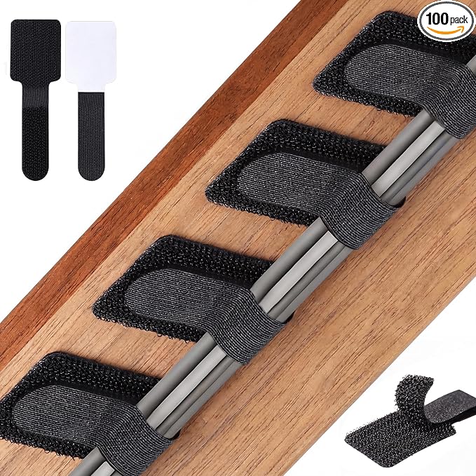 100PCS Cable Management Under Desk, Hook and Loop Cable Straps Self Adhesive Cable Organizer, Reusable Cable Ties for Cords Home Office TV Computer Car Wire Organizer, Black