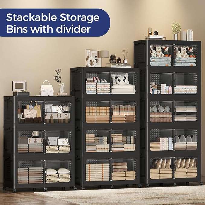 120GAL Extra Large Storage Bins with Lid, 480Qt Stackable Closet Organizers and Drawers, Collapsible Storage Bins with Wheels, Folding Containers for Home, Kitchen Office, 3Pack Black